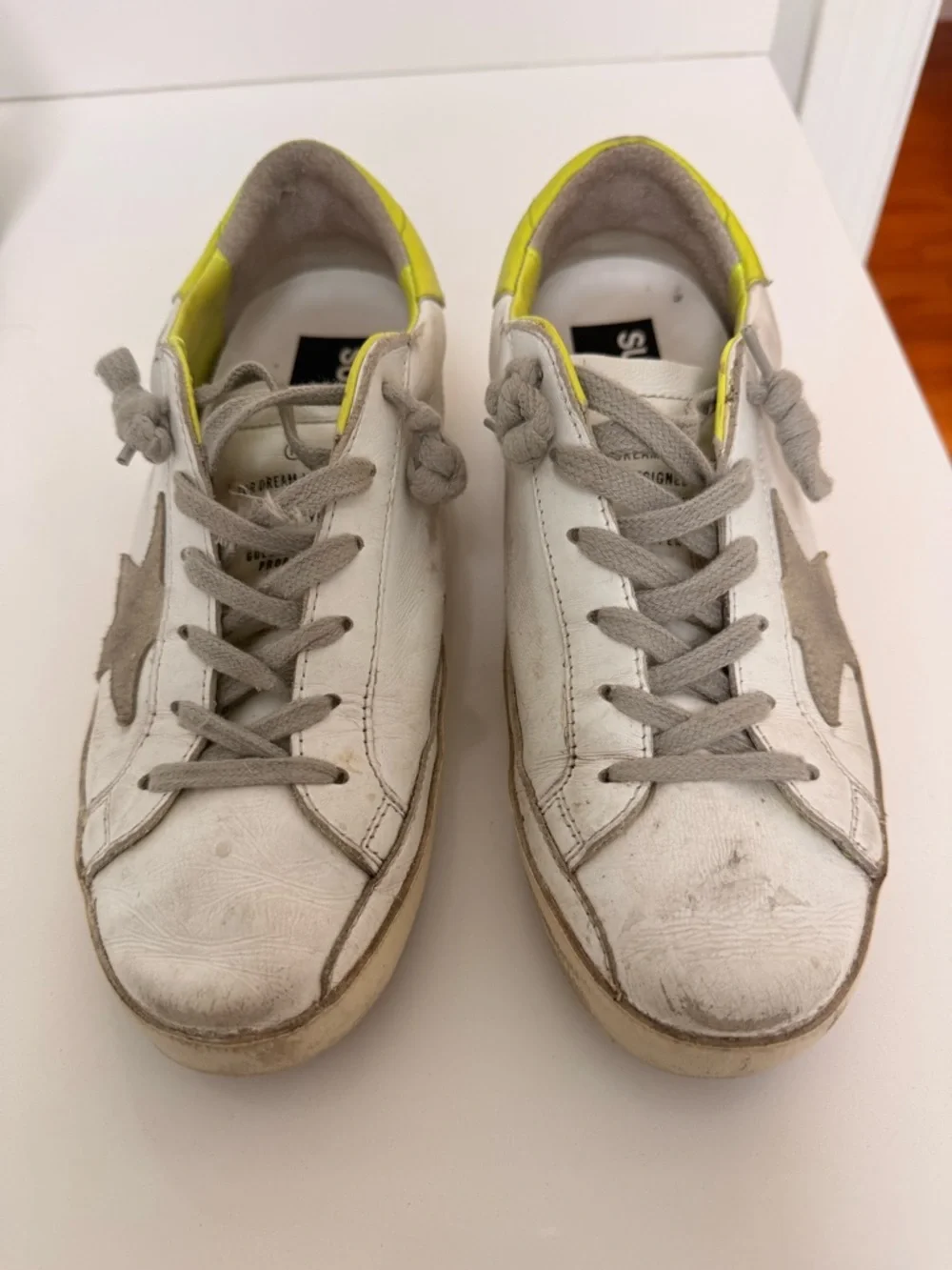 Golden Goose White Leather Sneakers with Neon Yellow Heel - Picture 4 of 6